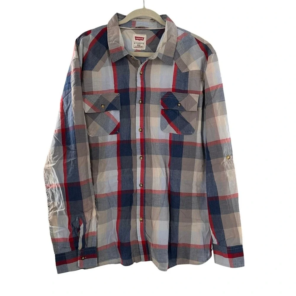 Levis Mens‎ XXL Plaid Button-Up Shirt In Red/Blue/Beige Western Preppy Cowboy